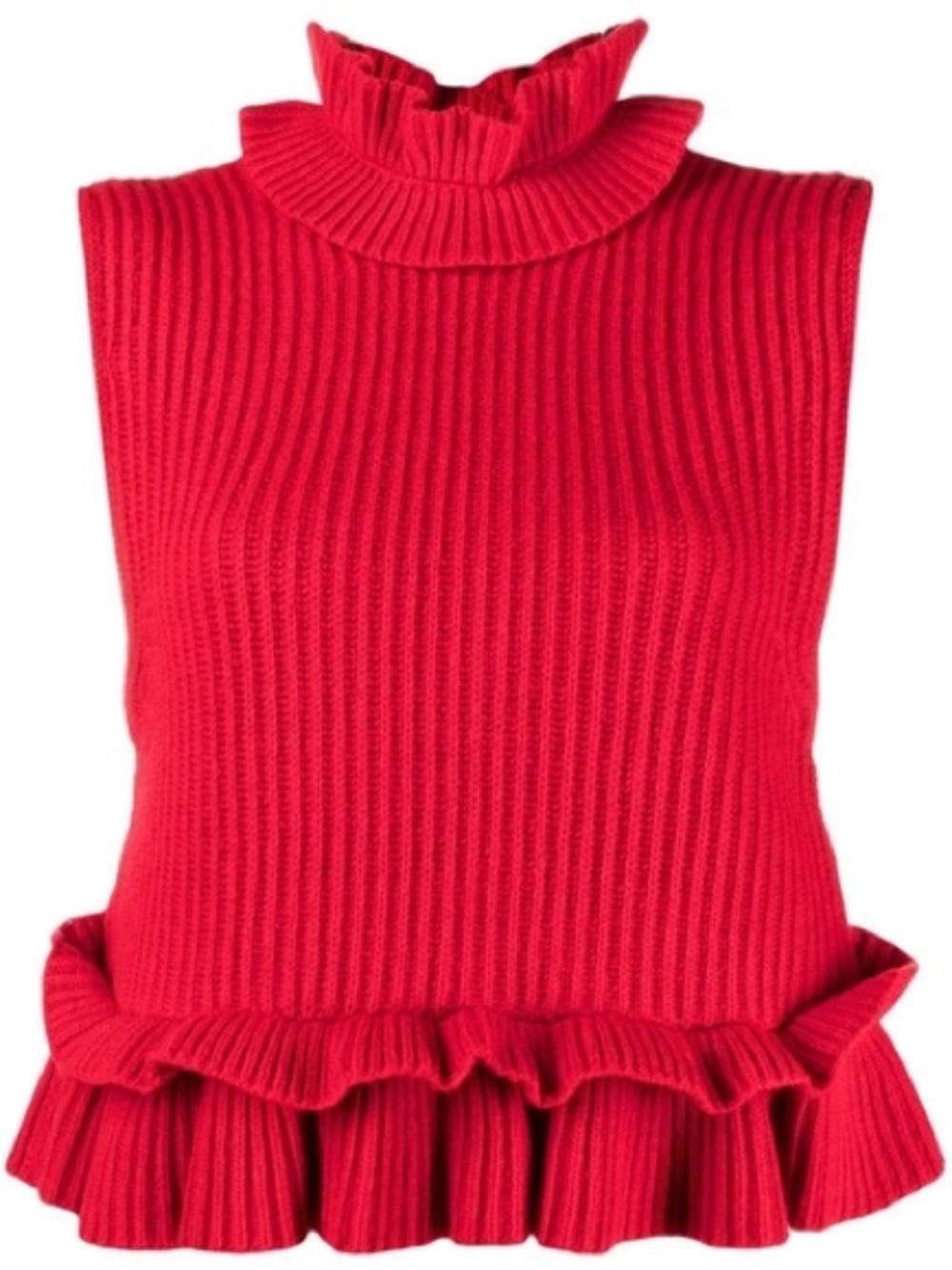 GANNI Ruffled Sleeveless Rib Knit Top In Red, S